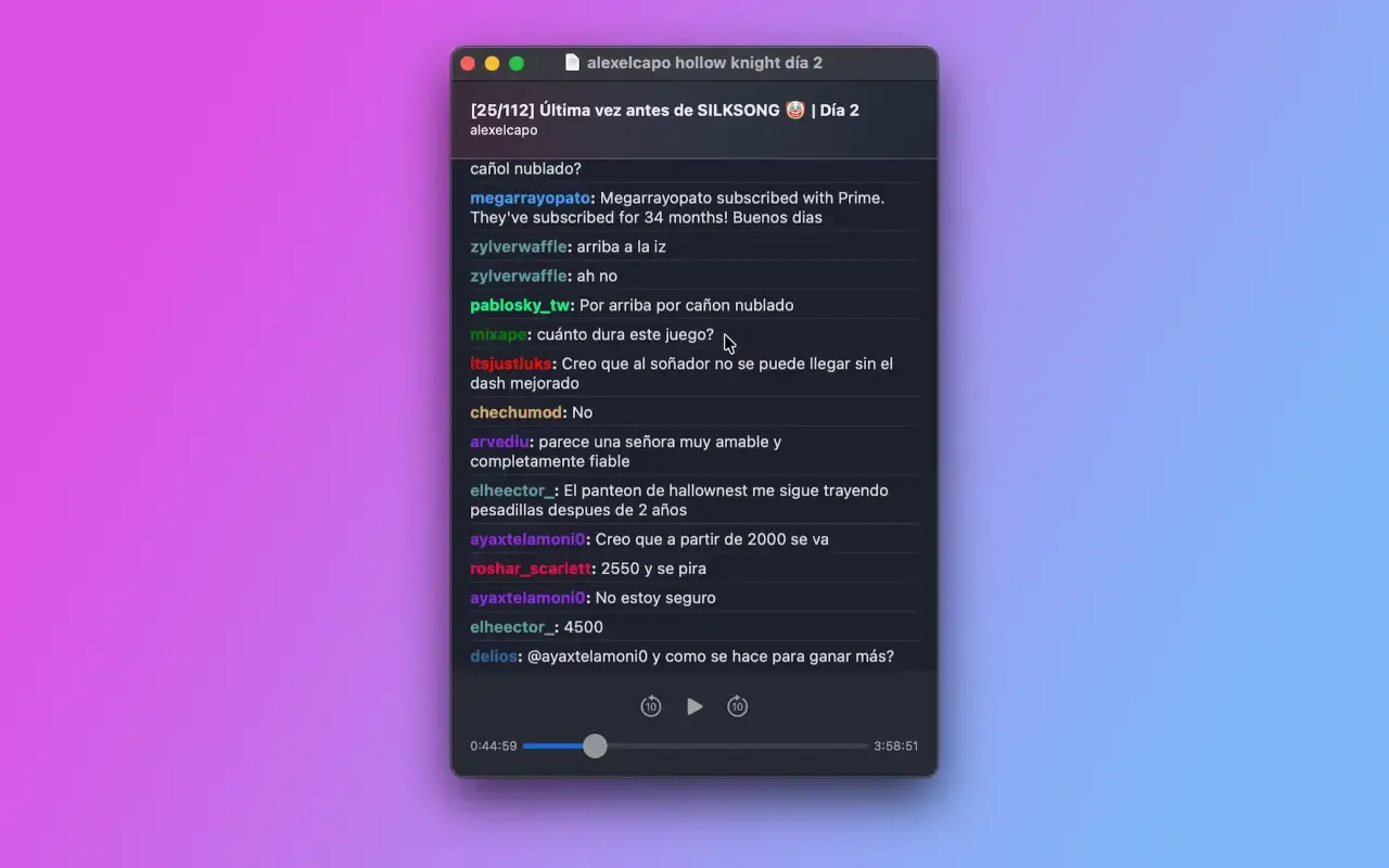 Screenshot of the ChatRewind app, playing the chat log of an alexelcapo stream.