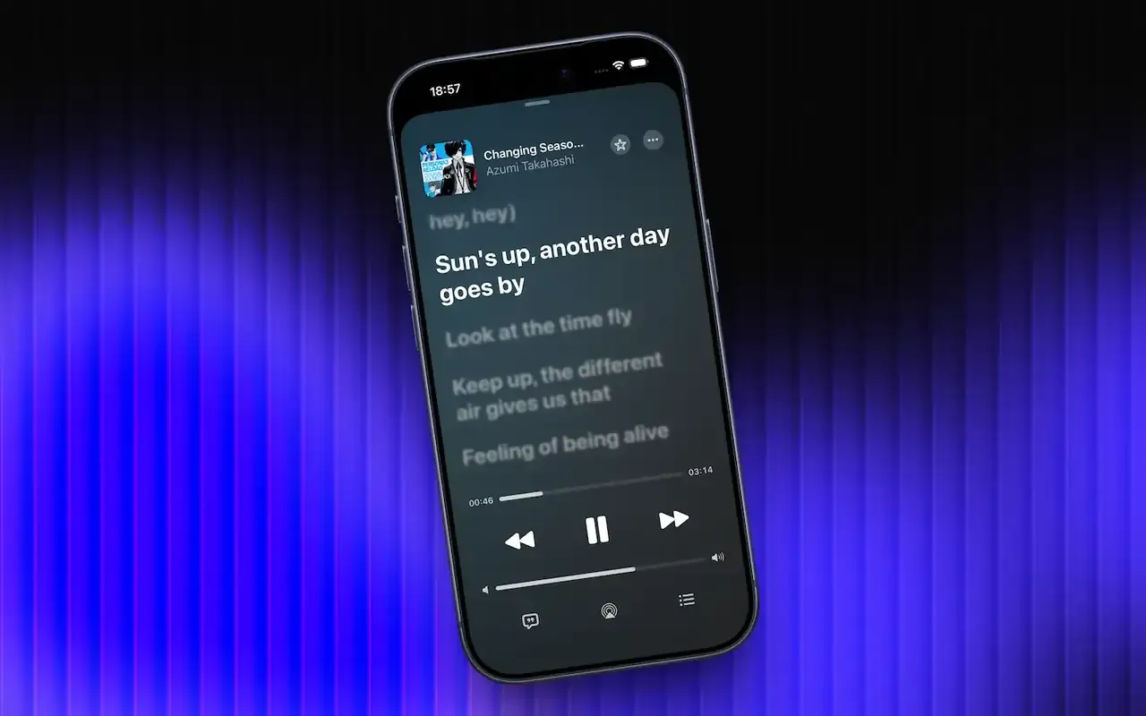 Mock-up of the Jellisten app, displaying a music player interface with the lyrics of the song Changing Seasons.