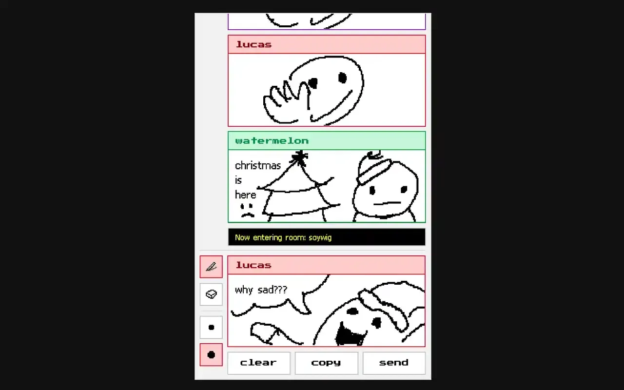 Screenshot of the pctochat app, displaying a chat interface with pixel art drawings made by the users.