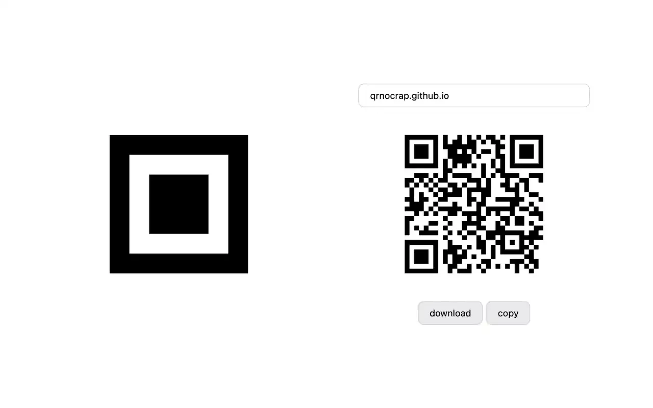 Screenshot of the qrnocrap app, displaying a text field, a QR code, and buttons to download and copy the QR code, alongside the logo.
